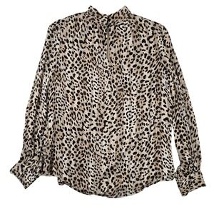 Vince Camuto Leopard Print Mock Neck Blouse Metallic Gold Stripe XS Tan Black